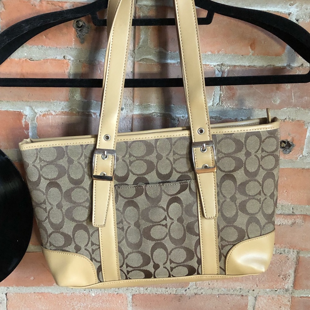 Tan Coach Zippered Shoulder Tote Bag